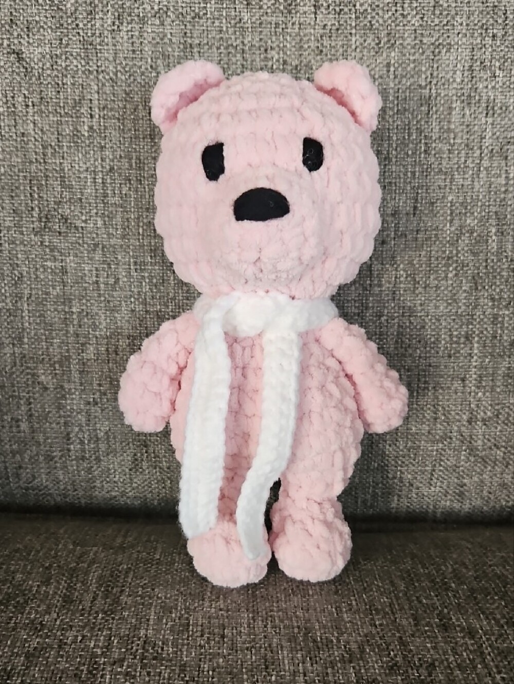 Handmade Crochet Amigurumi Pink Teddy Bear with White Scarf